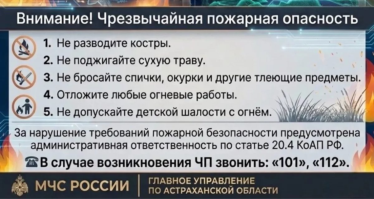 В Астраханской области объявили чрезвычайную пожарную опасность на 26-27 августа